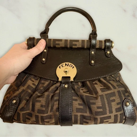 Authentic Vintage Fendi Magic Bag Canvas Dark Brown Leather Trim Y2K 2000s Clean - Picture 2 of 10